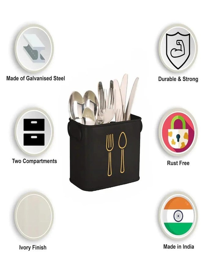 AG Enterprises Metal Utensil Holder, Black Dual-Compartment Cutlery Organizer, Gold Fork Spoon Design, Kitchen Countertop Flatware Caddy - Image 4